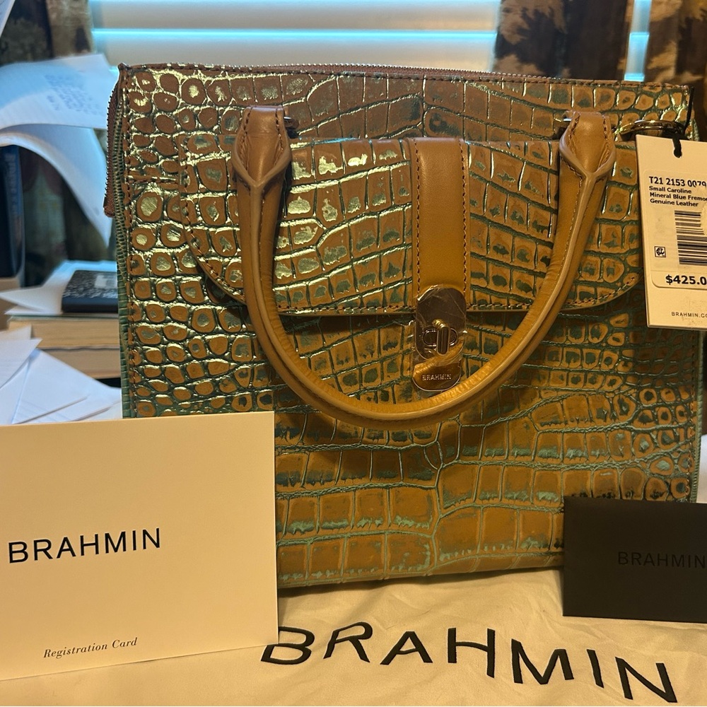 Brahmin Mineral Blue Fremont Small Caroline Tan and Green Women's Bag